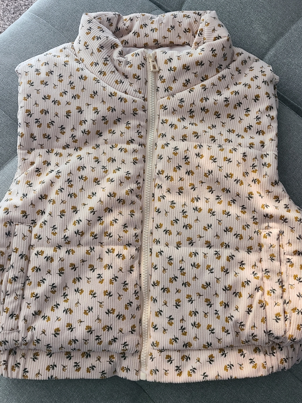 ONLY Cream Quilted Vest with Yellow Floral Pattern & Pockets